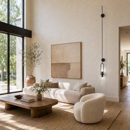 Arco glass wall sconce as a slim modern accent on a living room wall