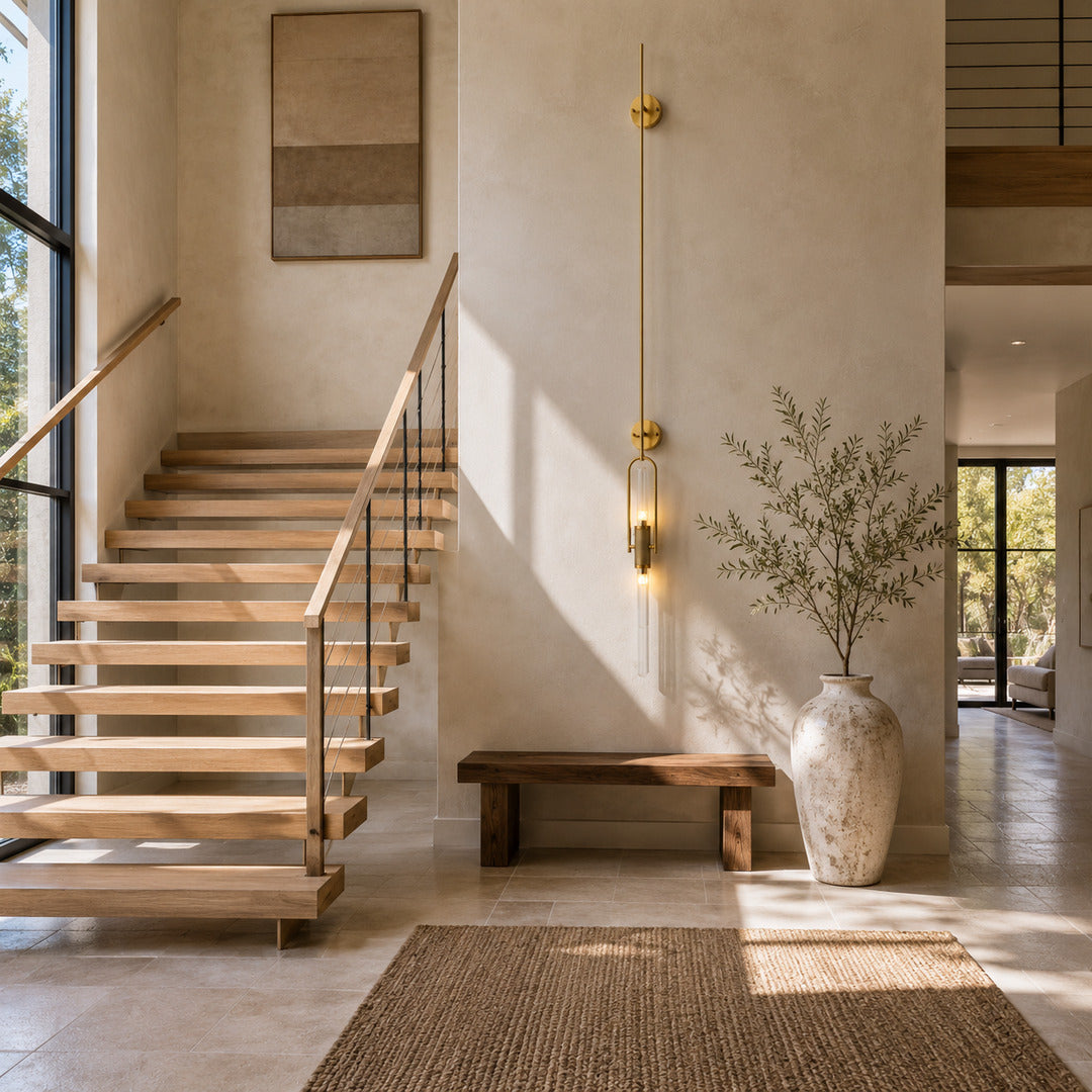 Long Arco glass wall sconce lighting a staircase wall with a warm arced glow