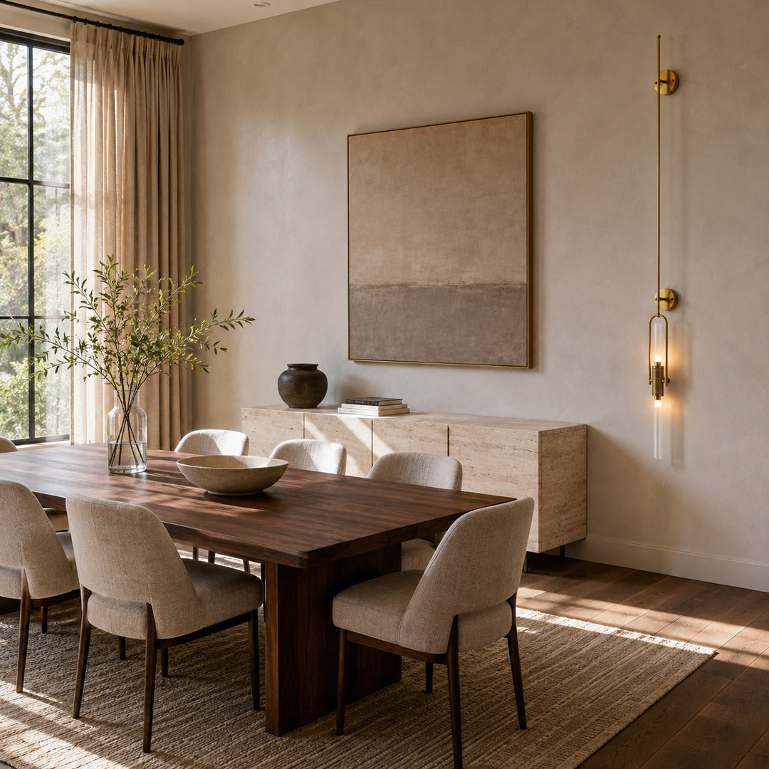 Arco glass wall sconces adding slim modern accents along an upscale restaurant wall