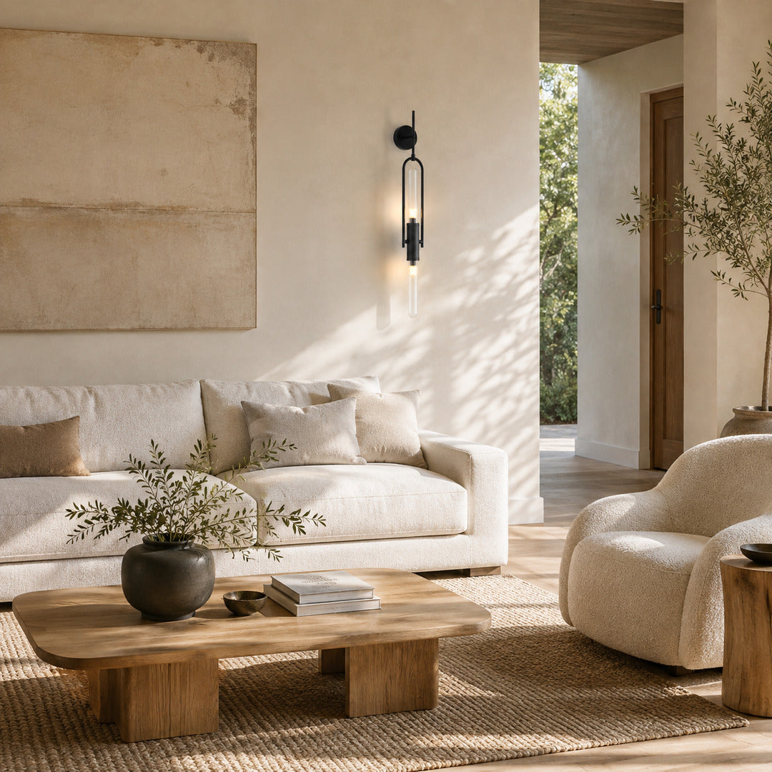 Arco glass wall sconce as a slim modern accent on a living room wall