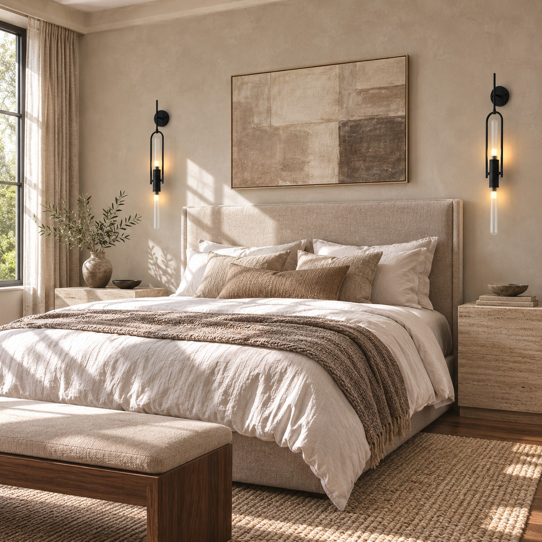 Pair of Arco glass wall sconces flanking a bed as slim arced bedside lights
