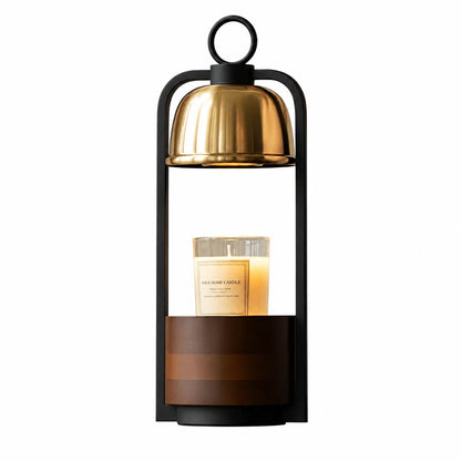 Arco wood candle warmer lamp walnut wood base gold arching arm metal dome scent warmer white background front view