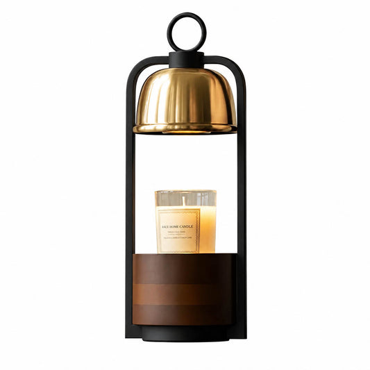 Arco wood candle warmer lamp walnut wood base gold arching arm metal dome scent warmer white background front view