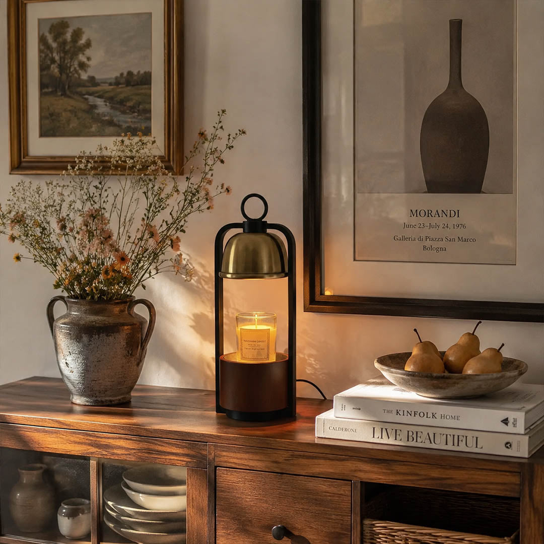 Arco wood candle warmer lamp wabi sabi japandi natural space scent warming walnut gold warm American home lifestyle interior styled