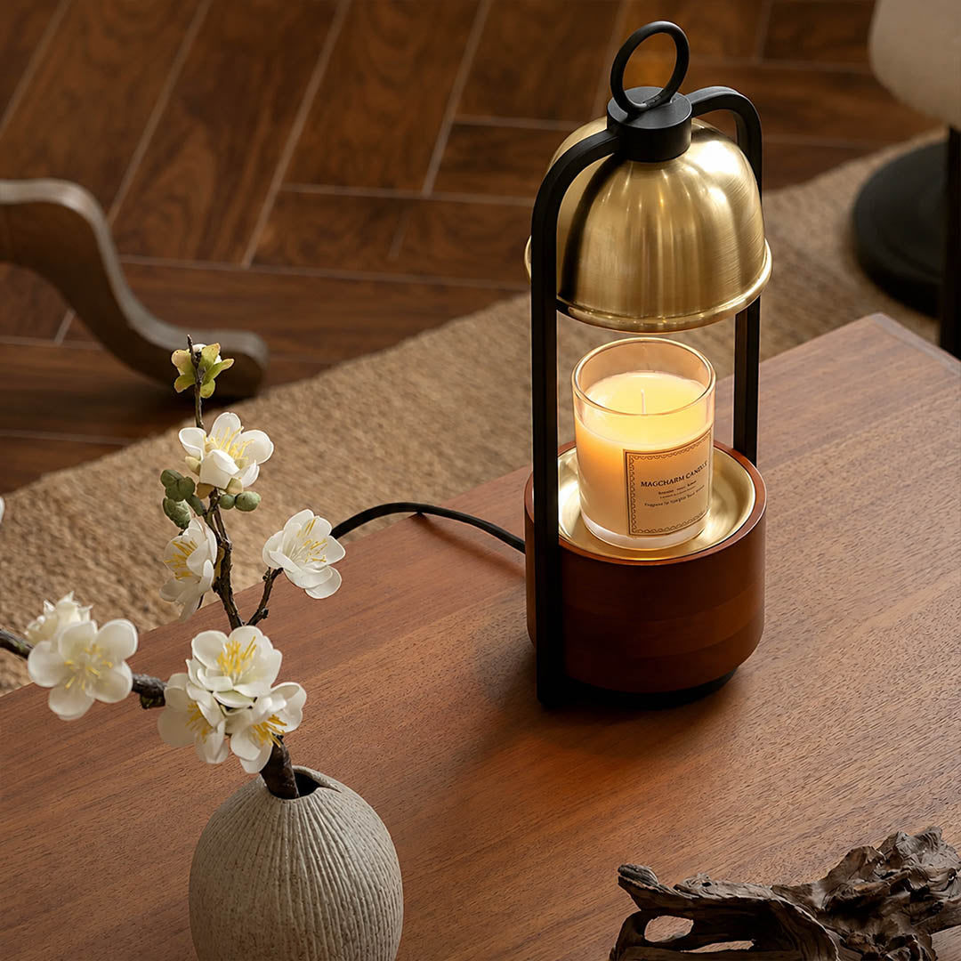 Arco wood candle warmer lamp study desk reading nook scent warming warm glow walnut gold relaxing American home lifestyle interior
