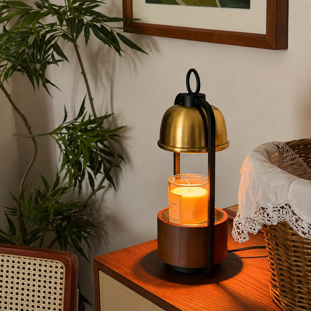 Arco wood candle warmer lamp entryway console scent warming warm glow walnut gold American home lifestyle interior styled