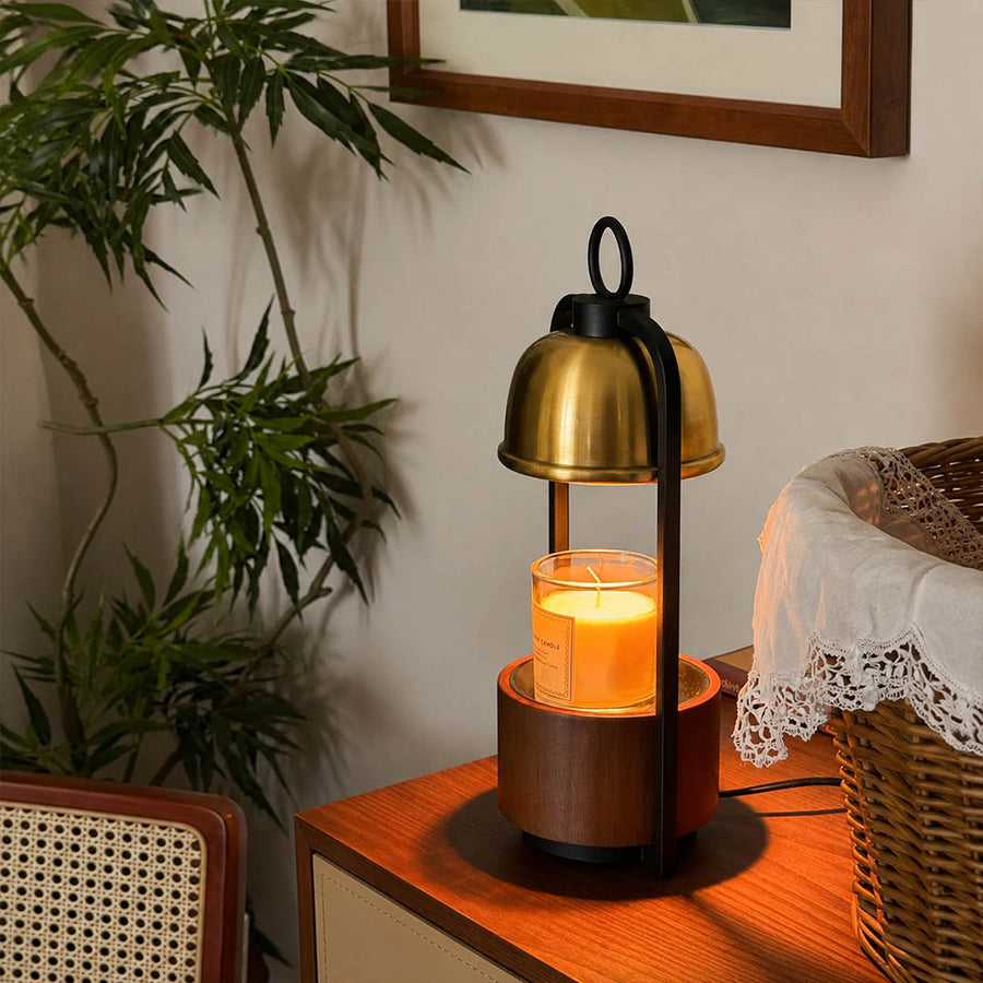 Arco wood candle warmer lamp entryway console scent warming warm glow walnut gold American home lifestyle interior styled