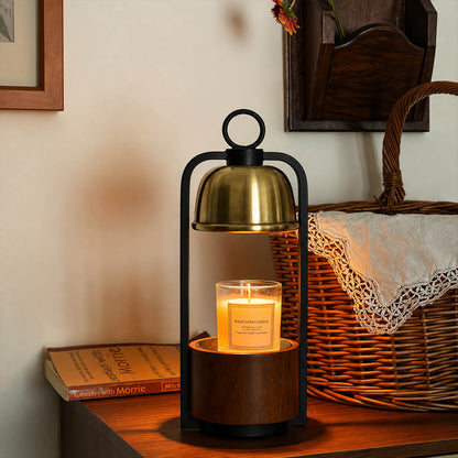 Arco wood candle warmer lamp living room side table scent warming warm glow walnut gold elegant American home lifestyle interior styled