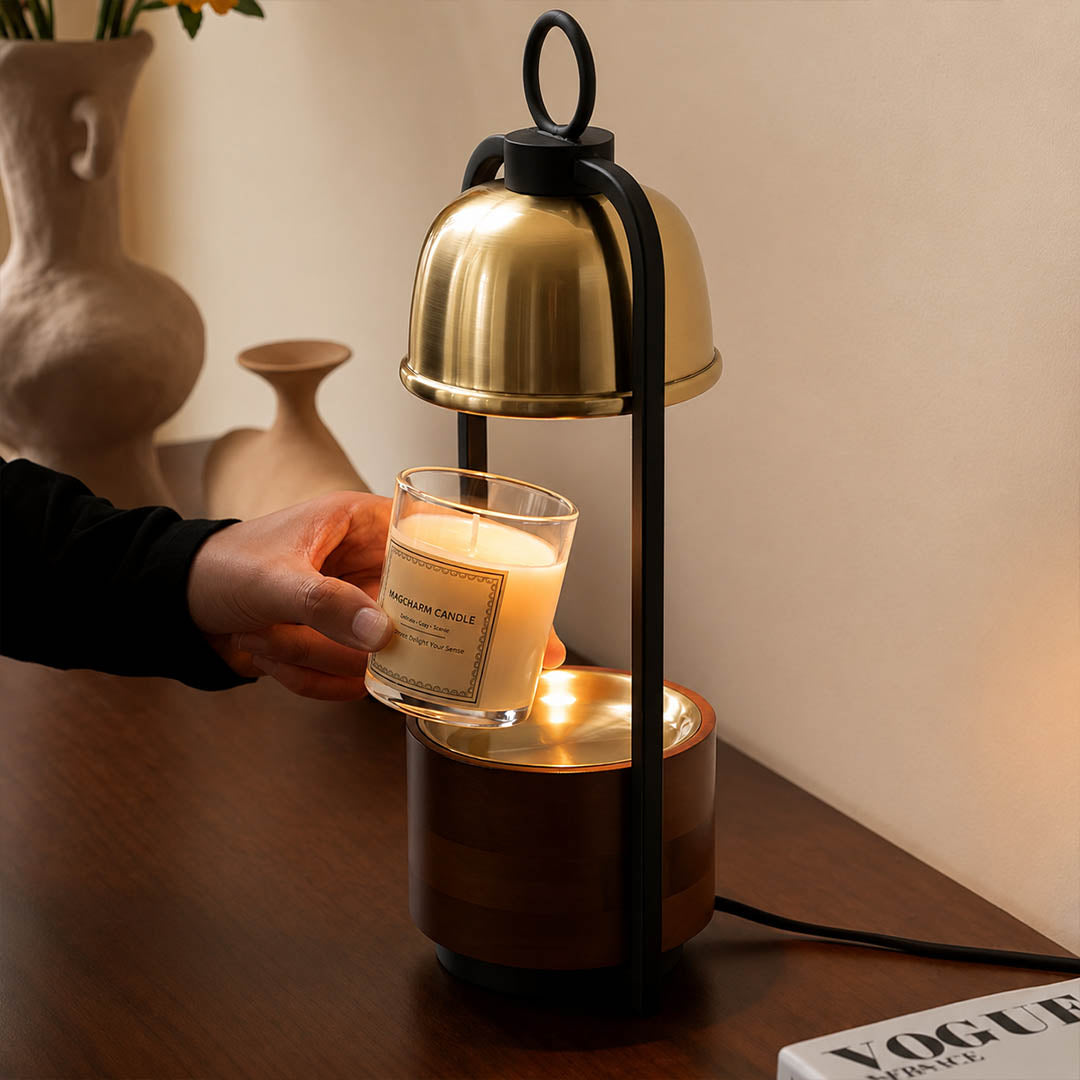 Arco wood candle warmer lamp study desk reading nook scent warming warm glow walnut gold relaxing American home lifestyle interior
