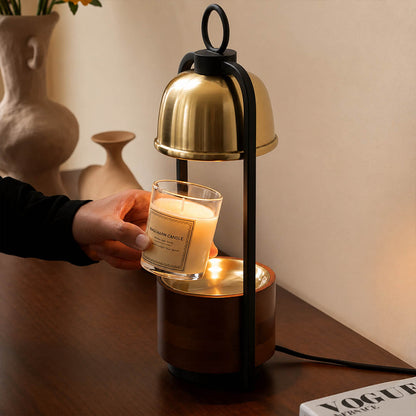 Arco wood candle warmer lamp study desk reading nook scent warming warm glow walnut gold relaxing American home lifestyle interior