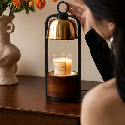 Arco wood candle warmer lamp study desk reading nook scent warming warm glow walnut gold relaxing American home lifestyle interior