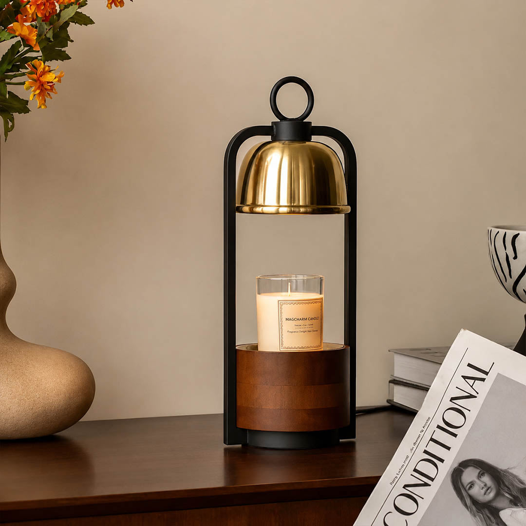 Arco wood candle warmer lamp entryway console scent warming warm glow walnut gold American home lifestyle interior styled