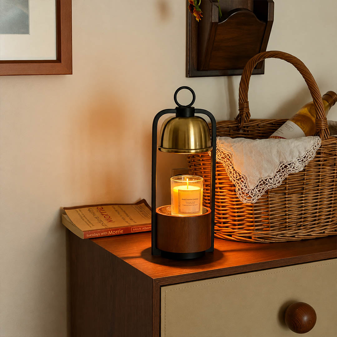 Arco wood candle warmer lamp entryway console scent warming warm glow walnut gold American home lifestyle interior styled