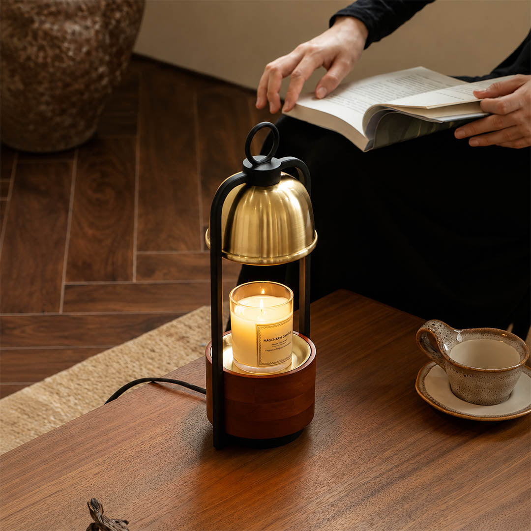 Arco wood candle warmer lamp study desk reading nook scent warming warm glow walnut gold relaxing American home lifestyle interior