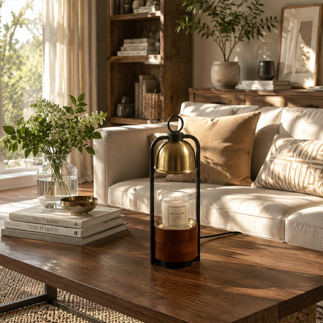 Arco wood candle warmer lamp living room side table scent warming warm glow walnut gold elegant American home lifestyle interior styled