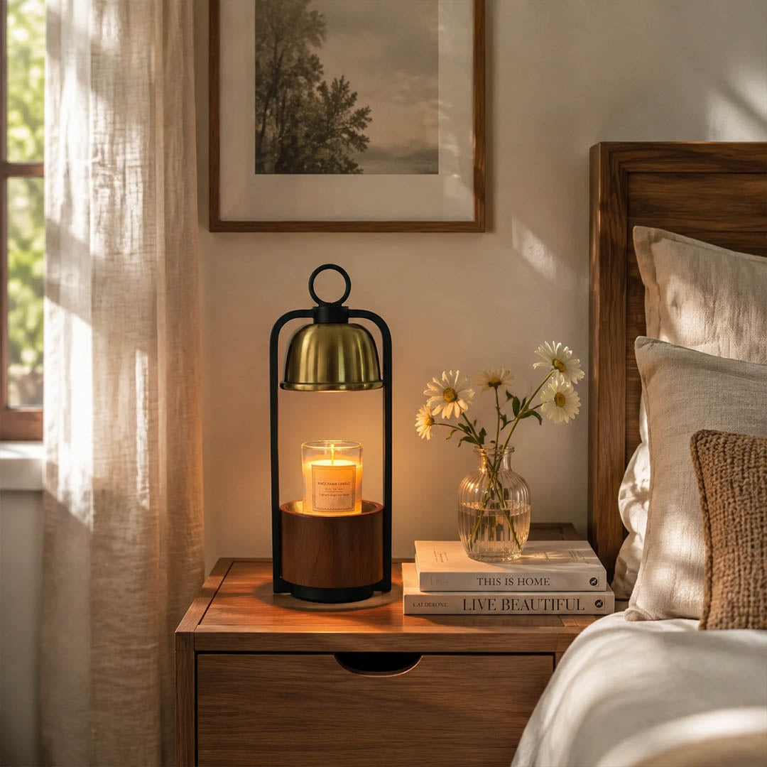 Arco wood candle warmer lamp bedroom nightstand bedside scent warming warm glow walnut gold cozy American home lifestyle interior styled