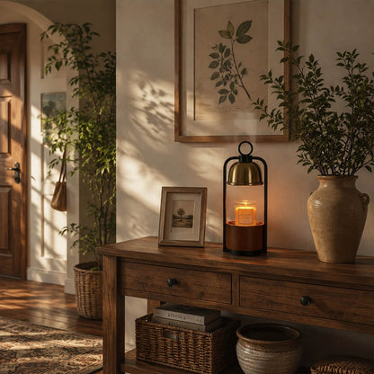 Arco wood candle warmer lamp entryway console scent warming warm glow walnut gold American home lifestyle interior styled