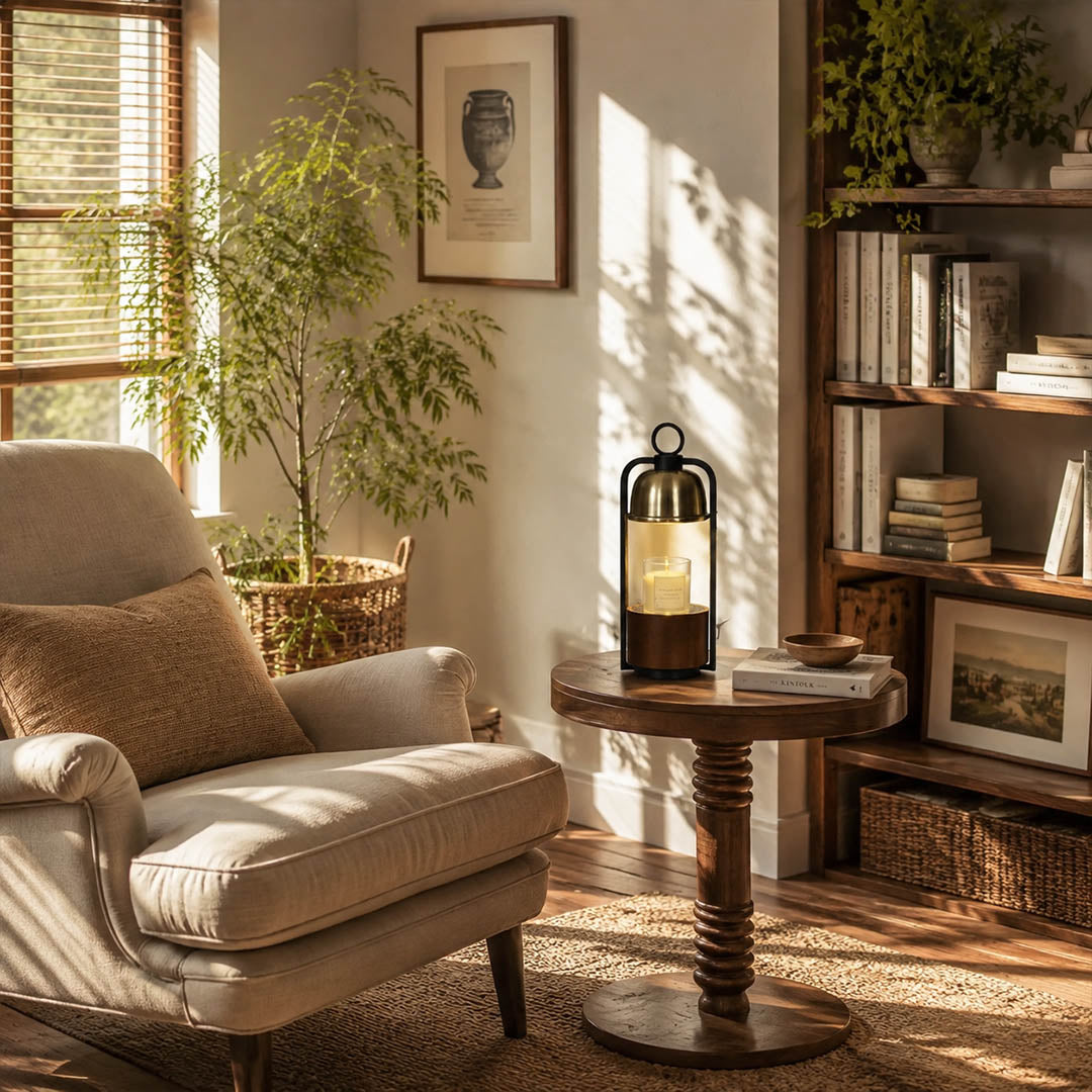 Arco wood candle warmer lamp study desk reading nook scent warming warm glow walnut gold relaxing American home lifestyle interior