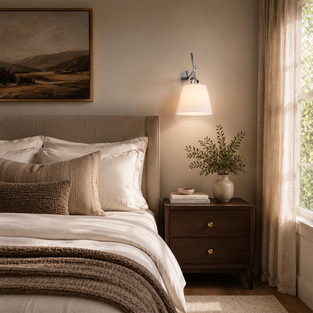 Ardsley swing arm wall sconce single bedside bedroom above nightstand adjustable warm fabric reading light American home lifestyle interior