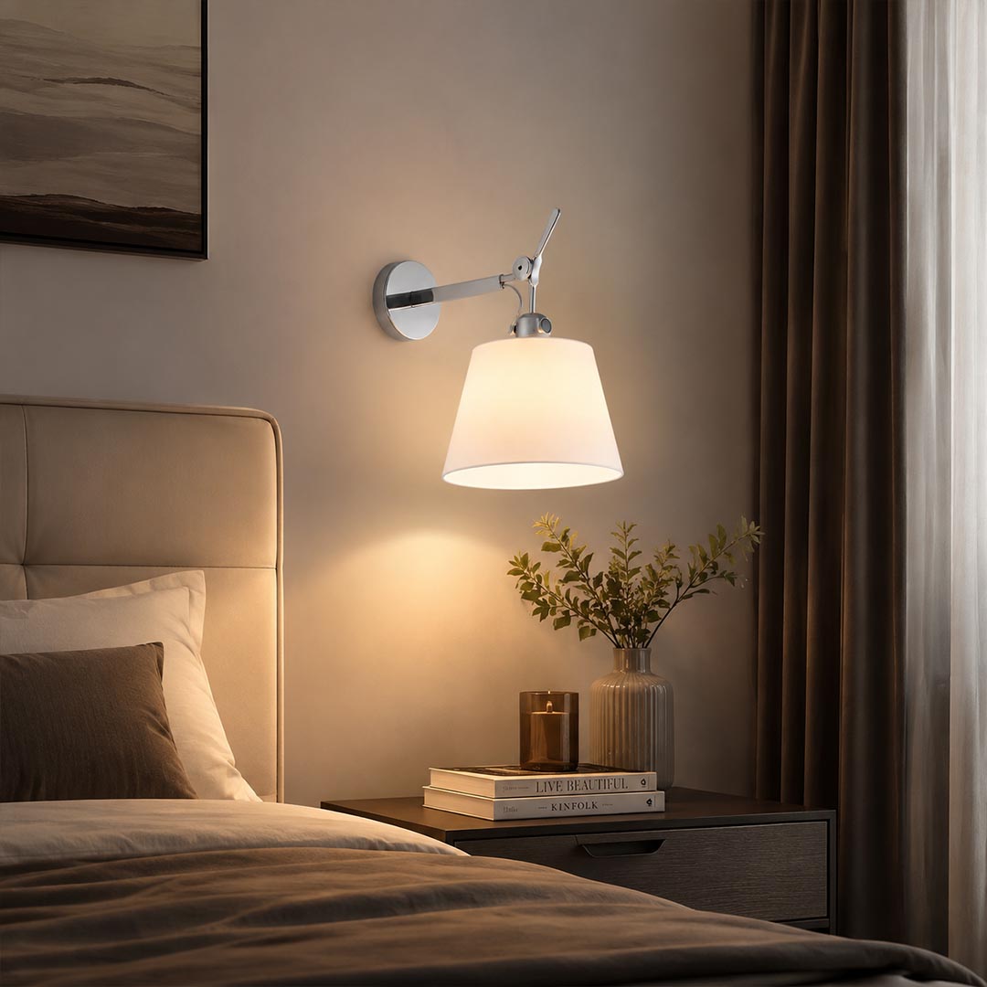 Ardsley swing arm wall sconce single bedside bedroom above nightstand adjustable warm fabric reading light American home lifestyle interior