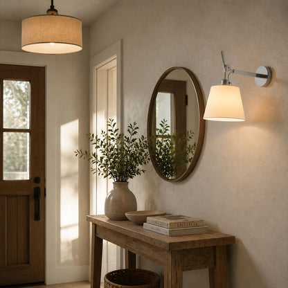 Ardsley swing arm wall sconce entryway hallway single adjustable chrome fabric shade industrial warm welcoming American home lifestyle interior