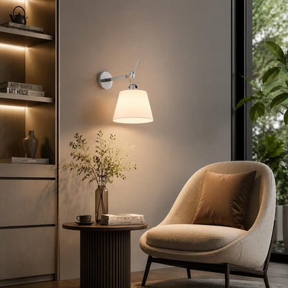 Ardsley swing arm wall sconce living room beside armchair reading nook adjustable arm fabric shade industrial American home lifestyle interior