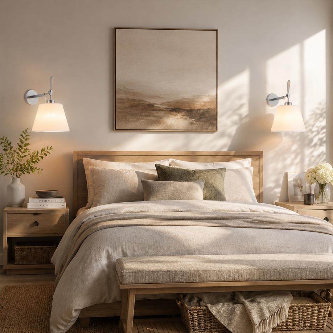 Ardsley swing arm wall sconce pair mounted both sides bed headboard bedroom adjustable reading fabric shade chrome American home lifestyle interior