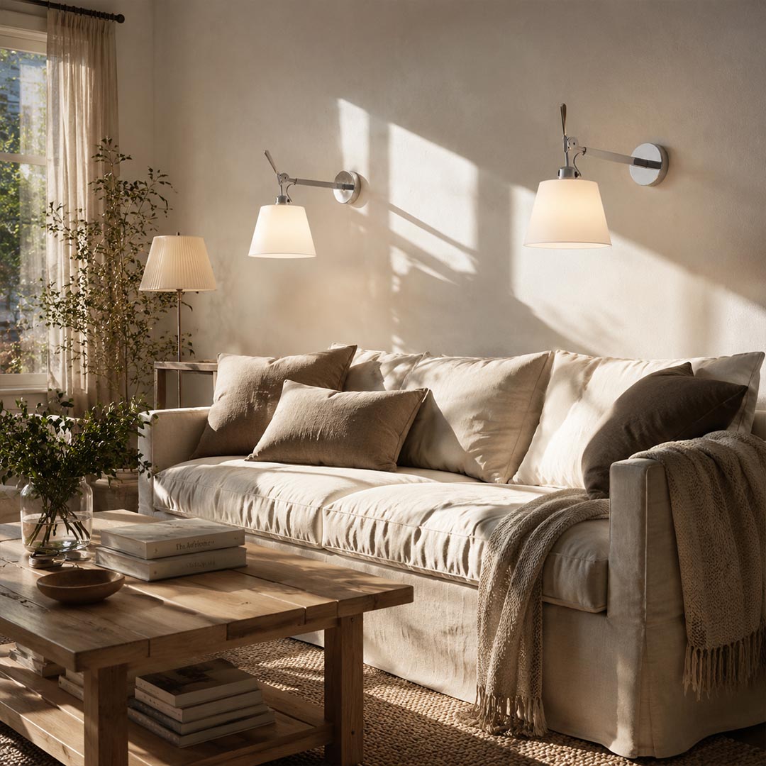 Ardsley swing arm wall sconce illuminated warm glowing evening bedroom bedside fabric shade adjustable cozy ambient American home lifestyle interior