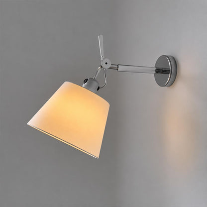Ardsley swing arm wall sconce illuminated warm fabric shade diffused glow industrial bedside reading cozy white background front view