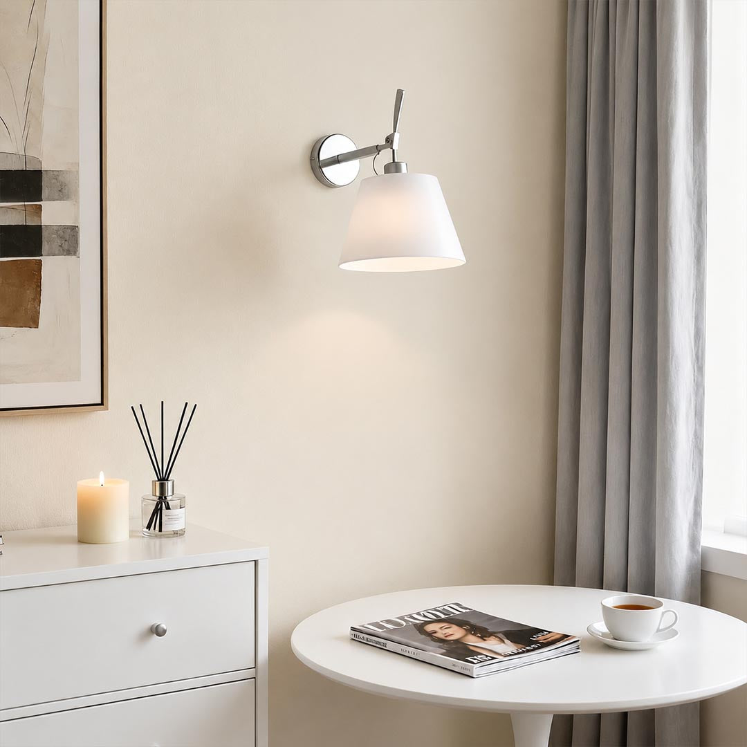 Ardsley swing arm wall sconce kids child room reading nook adjustable fabric shade warm gentle whimsical glow American home lifestyle interior