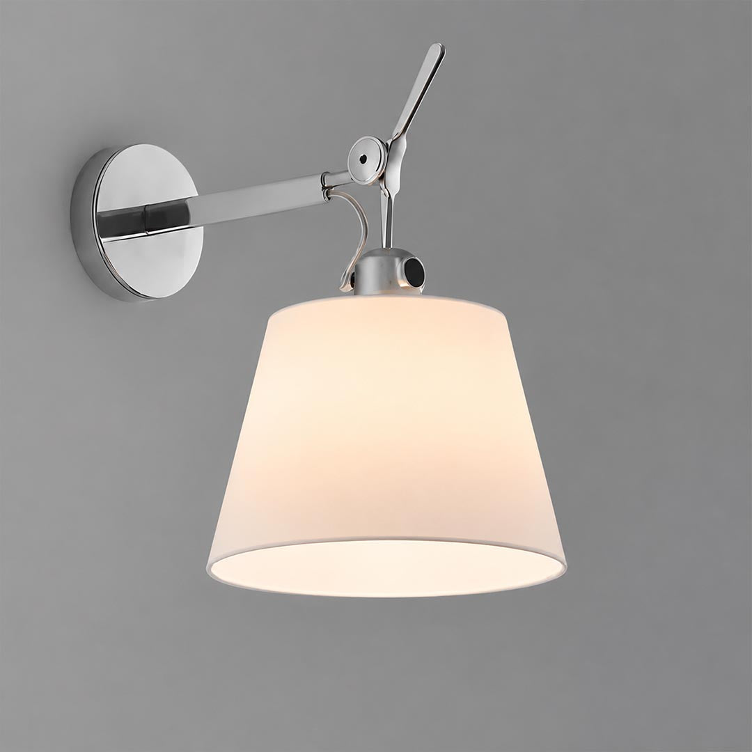 Ardsley swing arm wall sconce polished chrome metal fabric shade industrial adjustable bedside reading white background front view