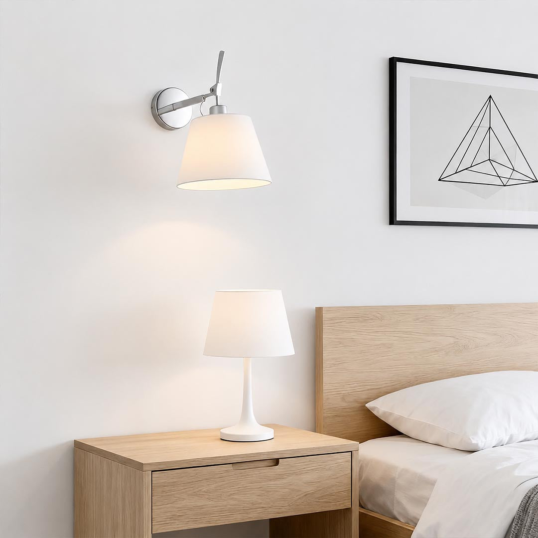 Ardsley swing arm wall sconce single bedside bedroom above nightstand adjustable warm fabric reading light American home lifestyle interior