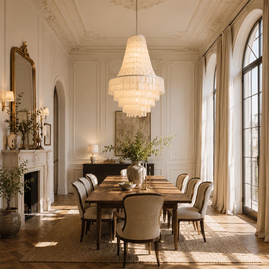Capiz shell tiered chandelier hanging over a long wooden dining table with upholstered chairs in a sunny room.