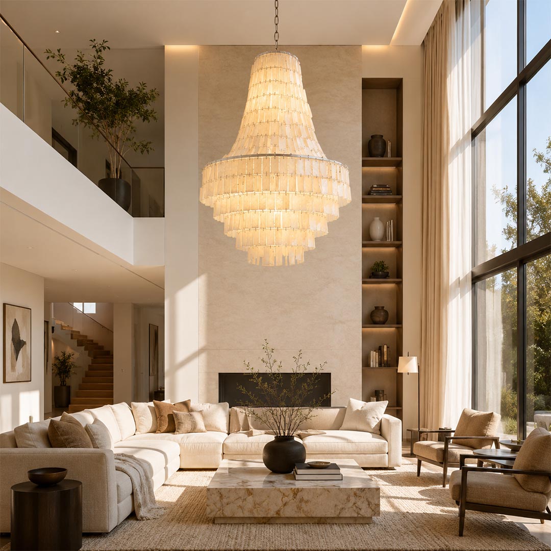 Grand bohemian tiered shell chandelier in a high-ceiling modern living room with a large sectional sofa.