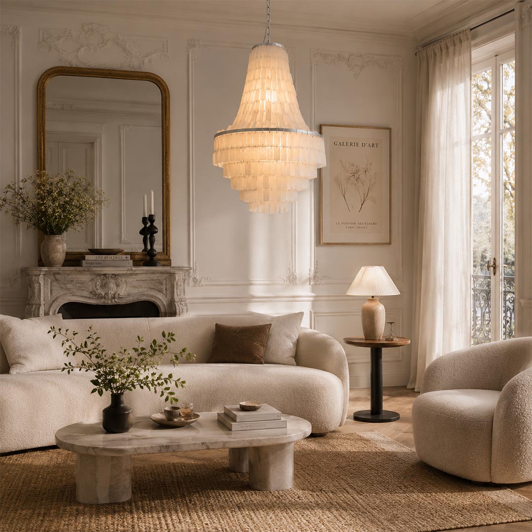 Elegant tiered capiz pendant light illuminating a cozy wabi-sabi living room with a white curved sofa and fireplace.