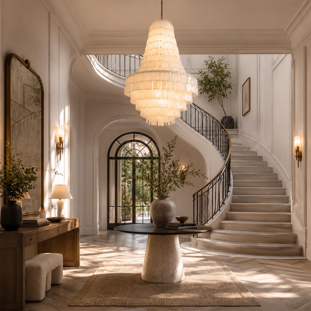 Boho statement capiz chandelier suspended in a spacious entryway foyer near a grand curved staircase.