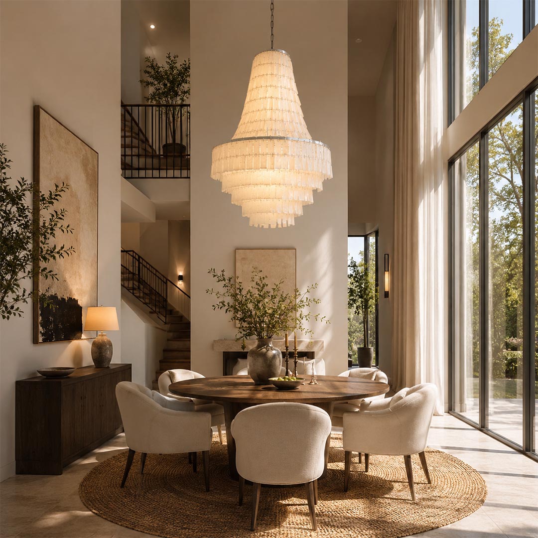 Multi-tier capiz shell chandelier over a round wooden dining table and chairs in an organic modern villa.