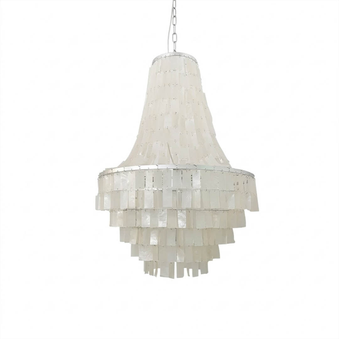 Aria boho Capiz shell tiered chandelier small 18 inch pear shape iron silver frame natural shell layers bohemian cottagecore white background