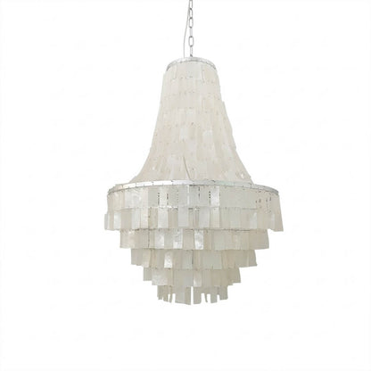 Aria boho Capiz shell tiered chandelier small 18 inch pear shape iron silver frame natural shell layers bohemian cottagecore white background