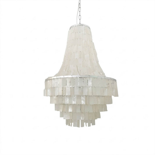 Aria boho Capiz shell tiered chandelier small 18 inch pear shape iron silver frame natural shell layers bohemian cottagecore white background