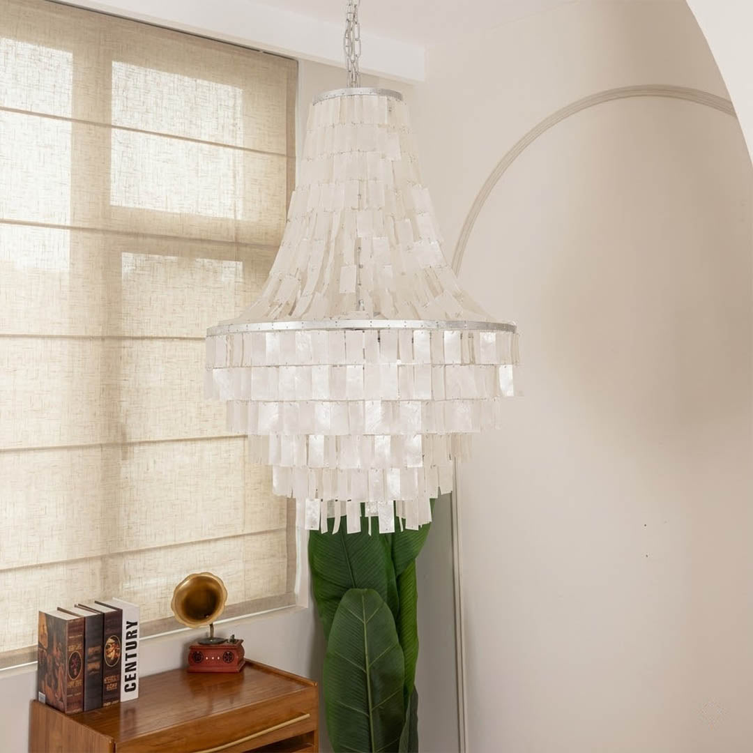 Aria small boho Capiz shell tiered chandelier cottagecore entryway foyer romantic French country rustic charm warm glow lifestyle interior