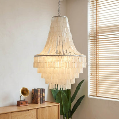 Aria small boho Capiz shell tiered chandelier living room Bohemian cottagecore natural wood linen rattan warm glow lifestyle interior