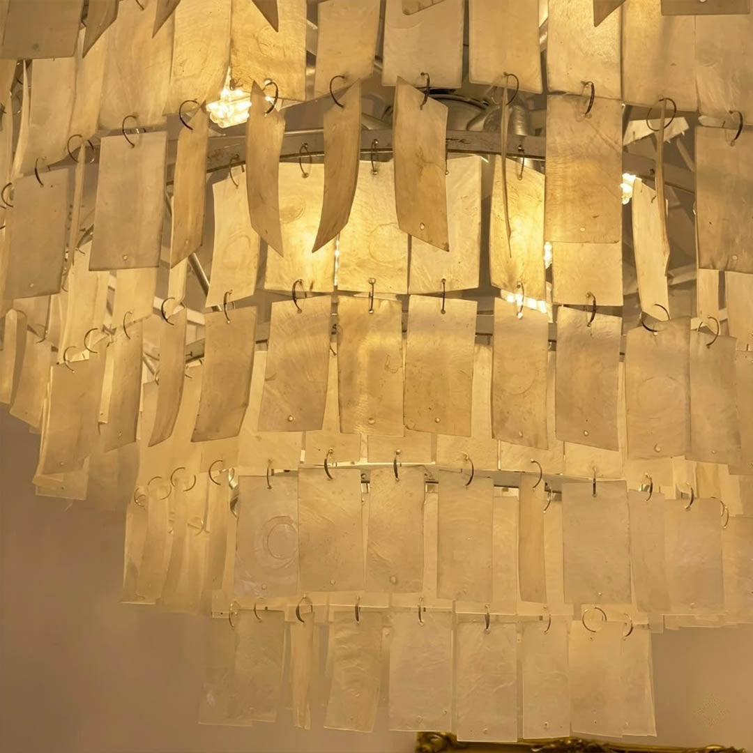 Aria Capiz shell translucent natural pearl iridescent texture close up detail Boho Coastal authentic craftsmanship