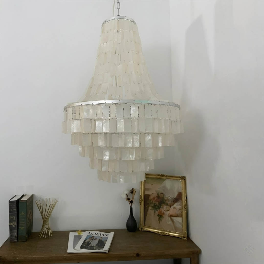 Aria small boho Capiz shell tiered chandelier cottagecore entryway foyer romantic French country rustic charm warm glow lifestyle interior