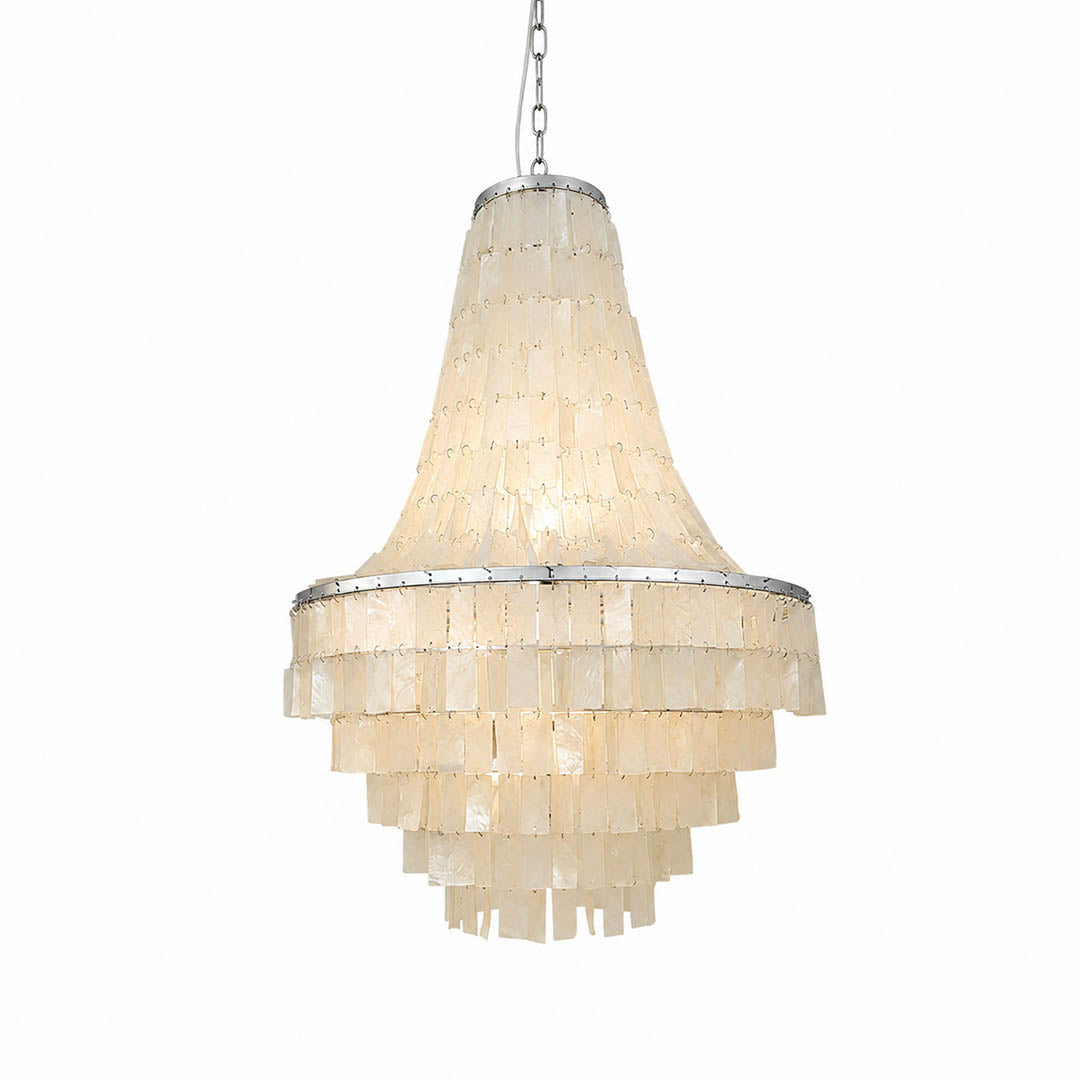 Aria boho Capiz shell tiered chandelier large 26 inch pear shape iron silver frame natural shell layers bohemian cottagecore statement white background
