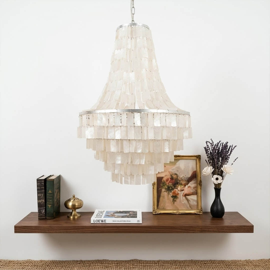 Aria small boho Capiz shell tiered chandelier living room Bohemian cottagecore natural wood linen rattan warm glow lifestyle interior