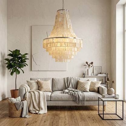Aria small boho Capiz shell tiered chandelier cottagecore entryway foyer romantic French country rustic charm warm glow lifestyle interior