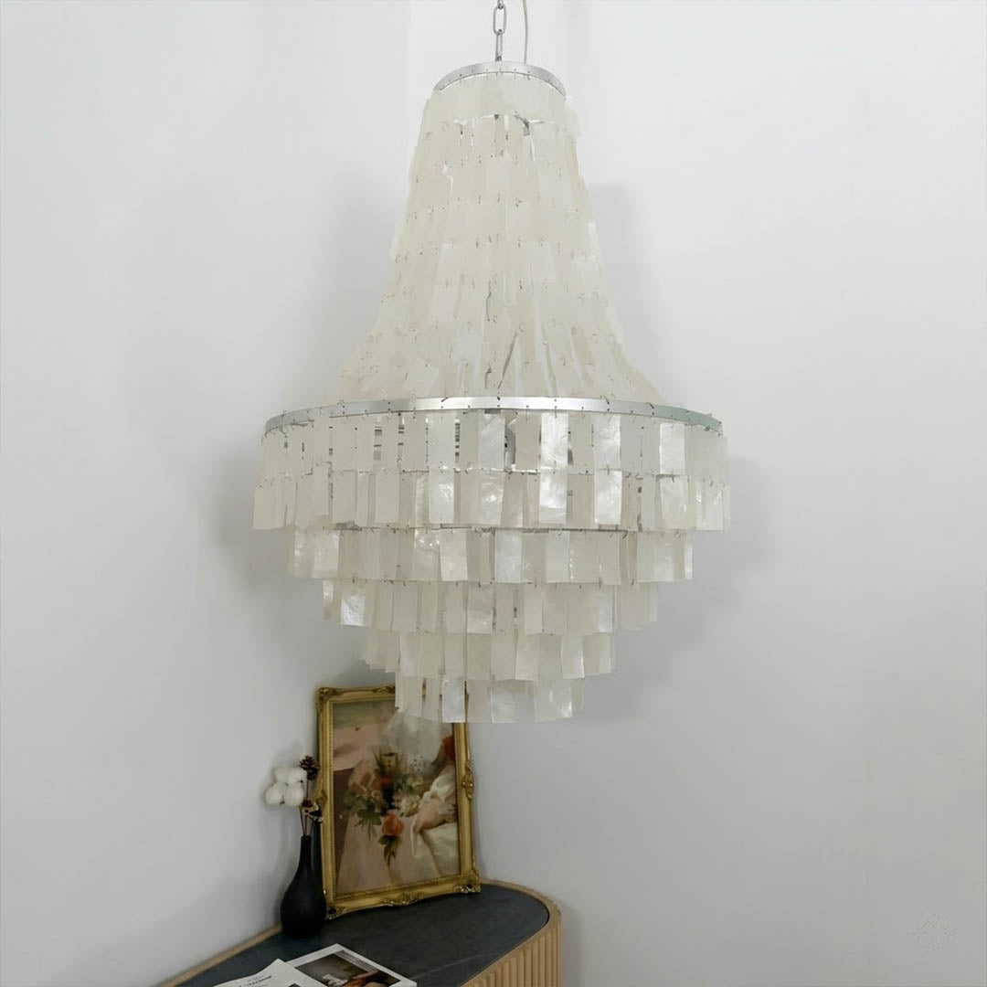 Aria small boho Capiz shell tiered chandelier cottagecore entryway foyer romantic French country rustic charm warm glow lifestyle interior