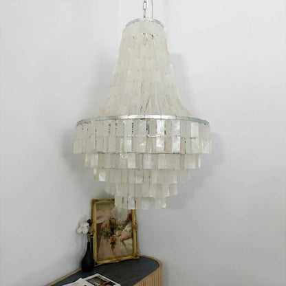 Aria small boho Capiz shell tiered chandelier cottagecore entryway foyer romantic French country rustic charm warm glow lifestyle interior