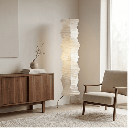 Washi paper floor lamp UF4-33N styling in a warm bedroom.
